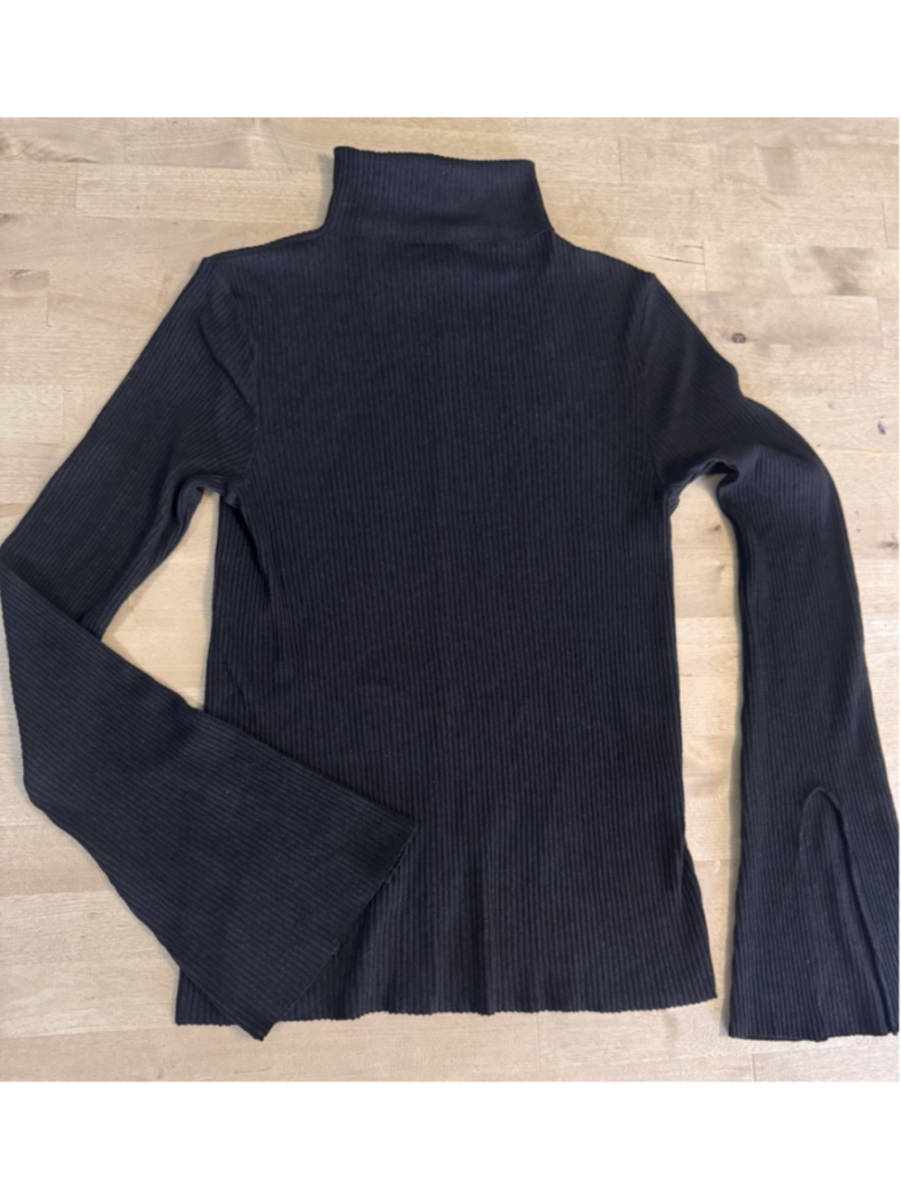 Enza Costa Shirt Womens Medium Turtle Neck Bell Sleeve Ribbed Top Shirt Black